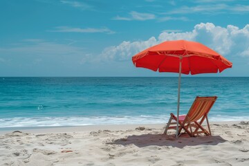 Sticker - Red umbrella and chair on a pristine beach in a sunny tranquil photograph