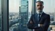© Bijac - confident mature businessman in tailored suit standing in corner office panoramic city view arms crossed embodying success and leadership