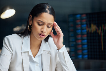 Poster - Headache, woman and screen for stock market crash, business and trader working in office. Burnout, technology and corporate person at desk for internet, budget and glitch or stress for future finance