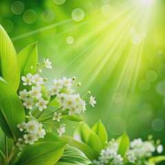 Wall Mural - Fresh green leaves and delicate white flowers bloom on a vibrant green background, creating a serene and natural setting with ample copy space for your message.