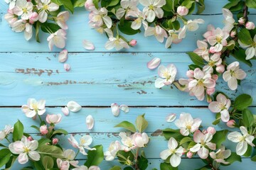 Poster - Spring Blossoms on Weathered Blue Wooden Plank