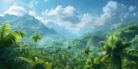 Wall Mural - lush green mountainous tropical landscape with vibrant foliage and serene atmosphere
