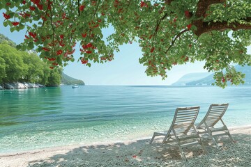 Poster - Scenic beach with chairs and trees by the water in a peaceful bright photograph