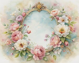 Delicate pastel watercolor flowers bloom inside an ornate oval frame, surrounded by subtle texture and soft, blended colors, created entirely with artificial intelligence techniques.