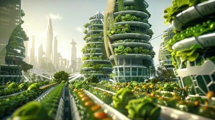 Poster - Photograph a futuristic urban farm where residents grow fresh produce using vertical farming and automated gardening systems, promoting local and sustainable food production.