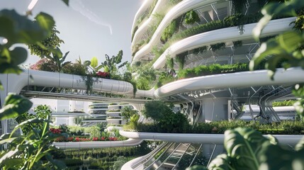 Poster - Photograph a futuristic urban farm where residents grow fresh produce using vertical farming and automated gardening systems, promoting local and sustainable food production.