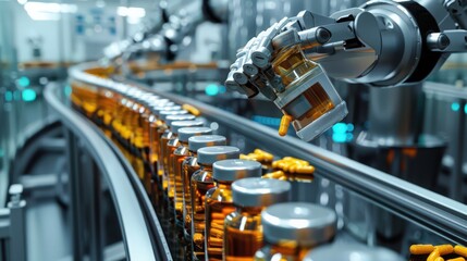 Poster - Photograph a pharmaceutical production line where robots manage the delicate process of mixing and bottling medications, maintaining high standards of hygiene and accuracy