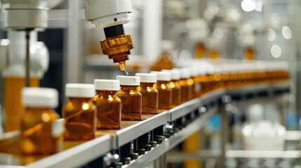 Poster - Photograph a pharmaceutical production line where robots manage the delicate process of mixing and bottling medications, maintaining high standards of hygiene and accuracy