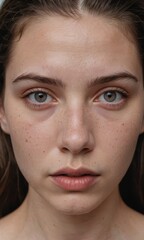 Wall Mural - Close up portrait of a young woman with freckles.