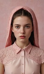 Poster - Young Woman in Pink Blouse and Headscarf.