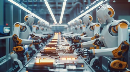 Poster - Photograph a production line where robots are assembling and testing high-tech gadgets, showcasing the advanced capabilities of modern manufacturing robots.