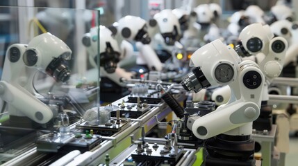 Poster - Photograph a production line where robots are assembling and testing high-tech gadgets, showcasing the advanced capabilities of modern manufacturing robots.