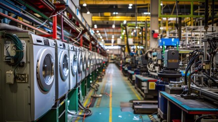 Poster - photograph a production line where robots assemble and test household appliances, from washing machi