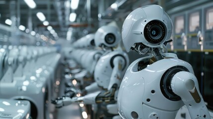 Poster - photograph a production line where robots assemble and test household appliances, from washing machi