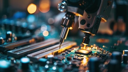 Poster - Photograph a robot engaged in the delicate task of assembling microchips, emphasizing the fine motor skills and accuracy of robotic assembly.