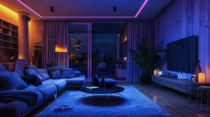 Poster - Photograph a smart living room where AI controls lighting, temperature, and entertainment, creating a personalized and comfortable environment for relaxation