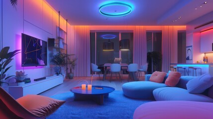 Poster - Photograph a smart living room where AI controls lighting, temperature, and entertainment, creating a personalized and comfortable environment for relaxation