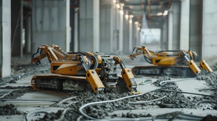 Wall Mural - Photograph robots autonomously laying down concrete for the foundation of a high-rise, ensuring durability and strength from the ground up