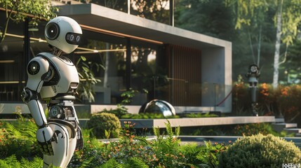 Poster - Photograph robots planting and maintaining a smart garden around the new home, integrating nature with advanced technology