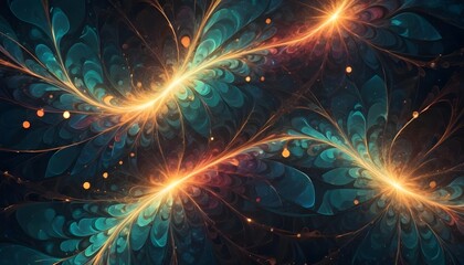 Abstract design with glowing orange and blue fractal shapes reminiscent of wings or flames, set on a dark background with sparkling particles.