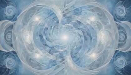 Abstract fractal design with swirling patterns and glowing orbs against a blue background, creating a sense of depth and movement.