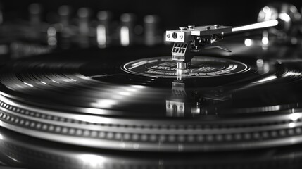 Vinyl record spinning on a turntable, with needle poised to drop onto the groove