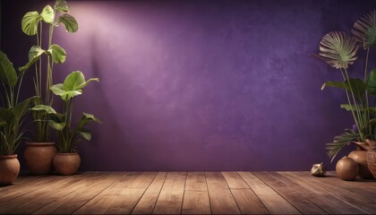 Wall Mural - Purple Wall and Wooden Floor with Plants.