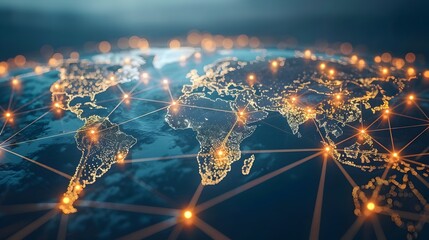 Poster - Global Business Network with Interconnected Nodes and Data Streams on a World Map