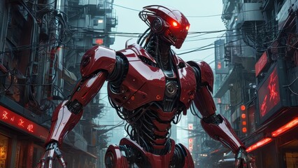 Poster - Red Robot in Cyberpunk City.