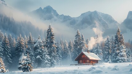 Sticker - Cozy Mountain Cabin Surrounded by Snow Covered Pine Forest and Misty Mountains