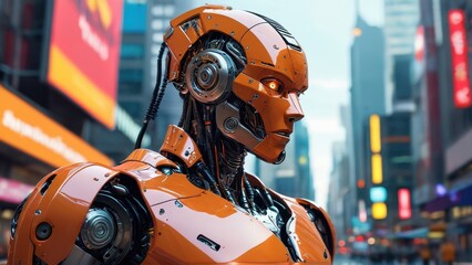 Poster - Orange Cyborg Robot in Cityscape.