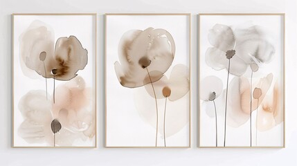 Poster - A set of three abstract art posters with minimalistic flower watercolor designs, positioned side by side on a white wall. Each poster features abstract floral forms in neutral colors with subtle