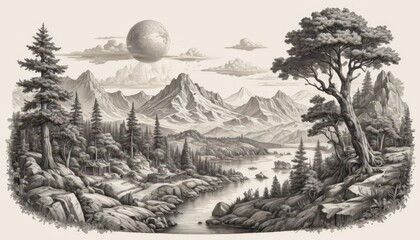 Poster - Mountains, Lake and Forest Scene.