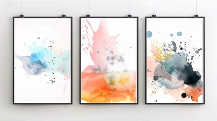 Fototapete - A set of three modern minimalistic abstract art posters with watercolor splashes designs, displayed side by side on a white wall. Each poster includes bold and subtle splashes in vibrant and muted
