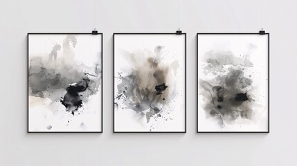 Fototapete - Three modern abstract art posters with a minimalistic approach, hung in a row on a white wall. The posters display ethereal watercolor splashes in a monochromatic palette of grays and blacks,