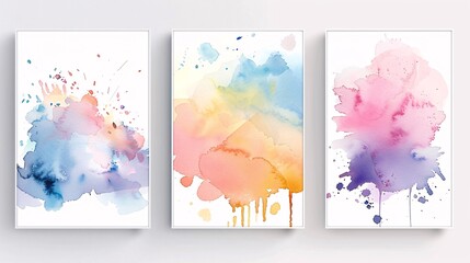 Fototapete - A set of three modern minimalistic abstract art posters with watercolor splashes designs, displayed side by side on a white wall. Each poster includes bold and subtle splashes in vibrant and muted