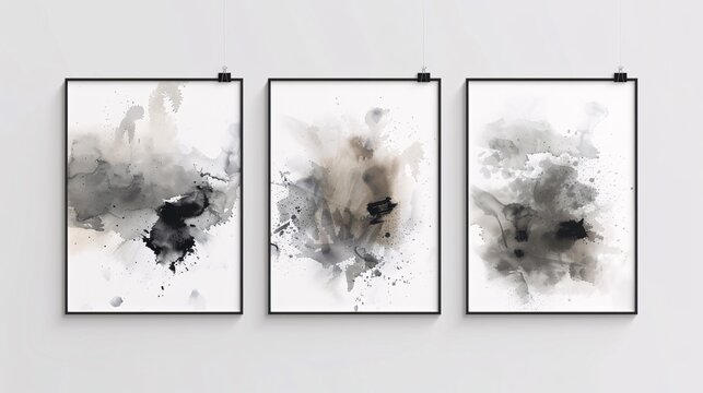 Three modern abstract art posters with a minimalistic approach, hung in a row on a white wall. The posters display ethereal watercolor splashes in a monochromatic palette of grays and blacks,