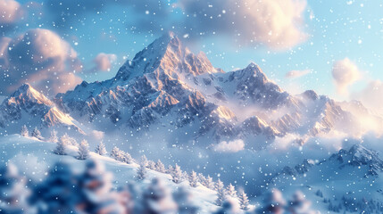 Canvas Print - Winter's Whisper: Snowflakes Drifting onto Mountains, Soft White Cover Envelops the Peaks