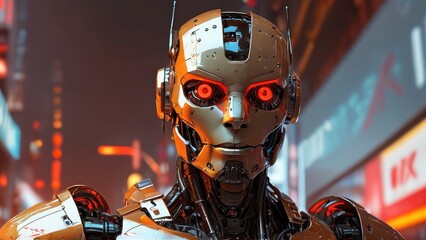 Canvas Print - Futuristic Robot with Glowing Red Eyes.