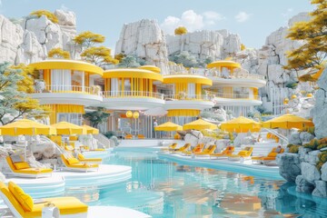 Sticker - Luxury resort with modern architecture and swimming pools in a bright sunny photograph