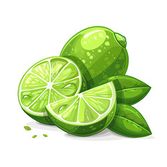 A whole lime, a lime wedge, and a lime slice with green leaves.