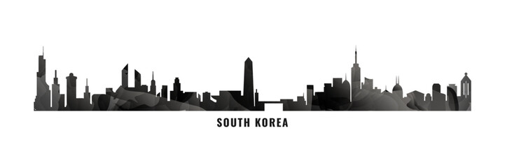 Wall Mural - South Korea country skyline, cities panorama. Vector banner or long logo with abstract texture. Seoul, Busan, Daegu, Daejeon, Incheon silhouette, isolated graphic