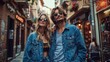 © kanesuan - Candid street style photo of a trendy couple in denim jackets and sunglasses, walking through a bustling cityscape