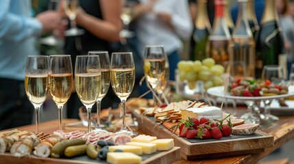 Buffet at reception Wine and champagne glasses Various types of canapan on a wooden board Catering service Snacks include cheese, jamon, sausage and fruit. People socializing in the background.