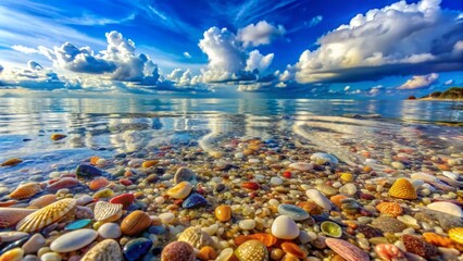 Detailed capture of a seabed with colorful pebbles and shells, the waterâ€™s surface above reflecting the blue sky and clouds, with sunlight filtering through.