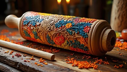 Poster - Ornate Wooden Rolling Pin with Floral Design.