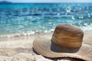 Wall Mural - Straw hat on sandy beach with ocean waves in a serene sunny photograph