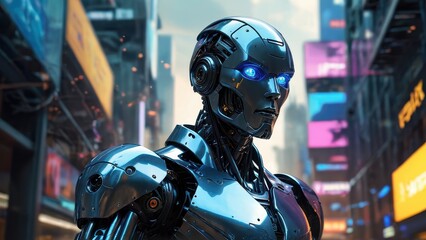 Poster - Futuristic Robot in Cityscape.