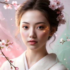 Wall Mural - portrait of a Japanese woman wearing kimono with sakura flowers 