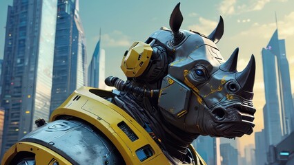 Poster - Cyber Rhino in a Futuristic City.